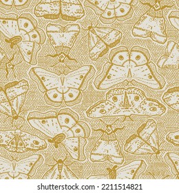 Mustard yellow toile insect seamless vector pattern with stripe texture and Wiccan alchemy look. Monochrome moth or butterfly flying bugs ink line drawing has a fall seasonal vibe and magical look.