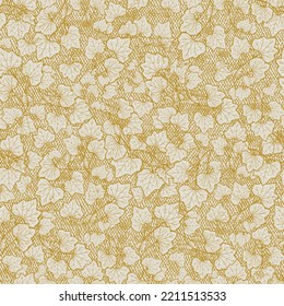 Mustard yellow toile pumpkin leaves and tendrils seamless vector pattern. Rustic monochrome design is perfect for thanksgiving and the fall season. Modest illustration has a vintage Victorian-age look