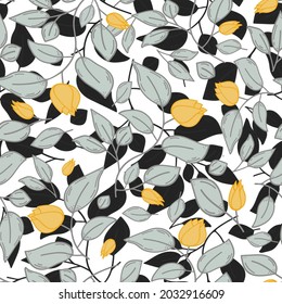 Mustard yellow tulips pattern with black and white silhouette background. Leafy and lush seamless vector floral pattern is vibrant and bold. 