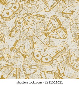 Mustard yellow and white toile vector pattern with moths or butterflies, pumpkin leaves and tendrils. The monochrome organic seamless design with swirls, wings, and bugs has autumn vibes.