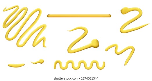 Mustard zigzag strips, food condiment realistic design elements set isolated on white. Vector illustration of stains, smears yellow sauce