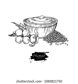 Mustardi sauce in bowl vector drawing. Hand drawn food ingridient. Botanical flower branch and seed pile. Natural spice and flavor. Great for template label, packing design