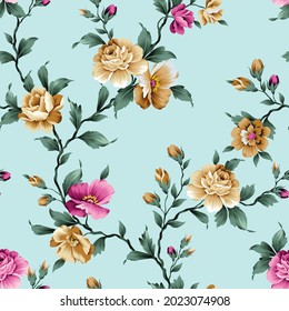 mustered and pink vector flowers with green leaves pattern on blue background