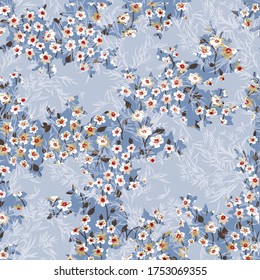 Mustered Small Vector Flowers Pattern On Halftone Blue Background