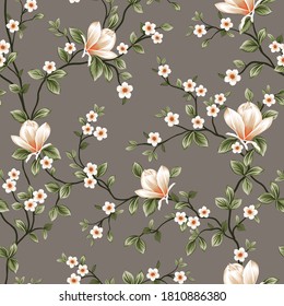 mustered vector small flowers with green leaves pattern on grey background