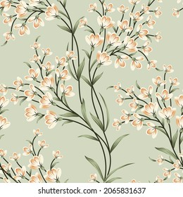 mustered vector small flowers with green leaves pattern on green background