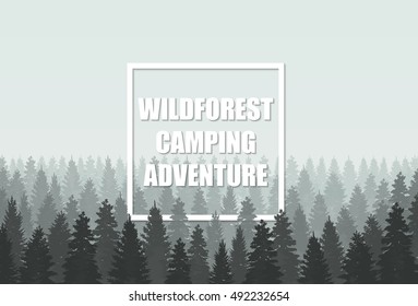 Musterious coniferous wildforest adventure camping silhouette template. Vector illustration.