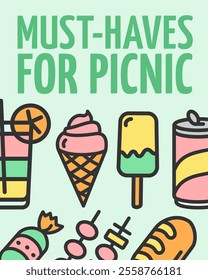 Must-Haves for Picnic Summer Party Concept Vertical Invitation Placard Poster Banner Card Template. Vector illustration of Sweet Dessert