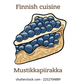 Mustikkapiirakka. Homemade blueberry pie with freshly picked blueberries from the forest. Finnish food. Vector image isolated.