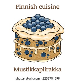 Mustikkapiirakka. Homemade blueberry pie with freshly picked blueberries from the forest. Finnish food. Vector image isolated.