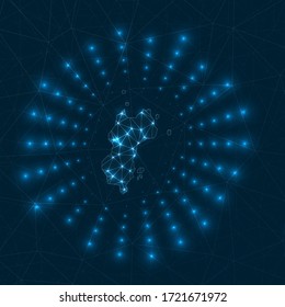 Mustique digital map. Glowing rays radiating from the island. Network connections and telecommunication design. Vector illustration.