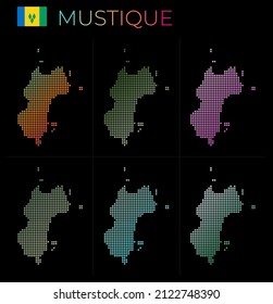 Mustique conjunto de mapas de puntos. Mapa de Mustique de estilo punteado. Las fronteras de la isla están llenas de hermosos círculos de gradientes lisos. Magnífica ilustración vectorial.