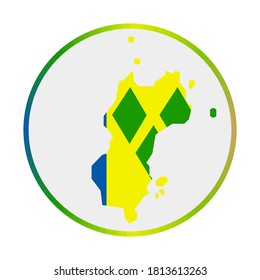 Mustique icon. Shape of the island with Mustique flag. Round sign with flag colors gradient ring. Charming vector illustration.