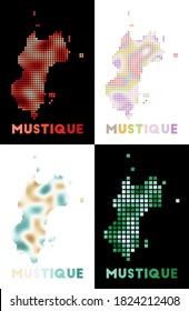 Mustique map. Collection of map of Mustique in dotted style. Borders of the island filled with rectangles for your design. Vector illustration.