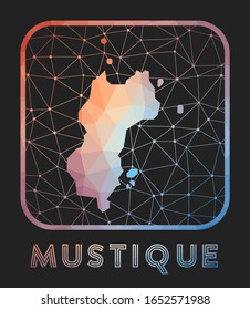 Mustique diseño de mapas. Mapa vectorial de baja polilla de la isla. Icono Mustique en estilo geométrico. La forma de la isla con gradiente polgnal y malla en fondo oscuro.