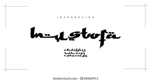 Mustofa: An Arabic simulation font. Middle Eastern calligraphy ethnic display typeface with diacritic dots for ramadan branding.