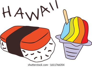 Musubi and shave ice. Design for Hawaii menu. Vector