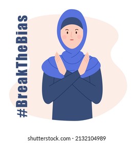 Musulmani Woman with crossed arms. Break The Bias for International Women's Day. March 8. Vector illustration in flat style.