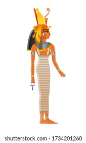 Mut ancient Egyptian daity. Mother goddess worshipped in ancient Egypt. Wearing double crown plus royal vulture headdress. Also can be queen Nefertari Meritmut, pharaoh wife. Old historical art