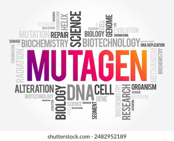 Mutagen - anything that causes a mutation (a change in the DNA of a cell), word cloud concept background