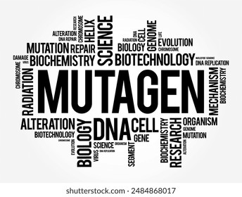 Mutagen - anything that causes a mutation (a change in the DNA of a cell), word cloud concept background. No AI generated content