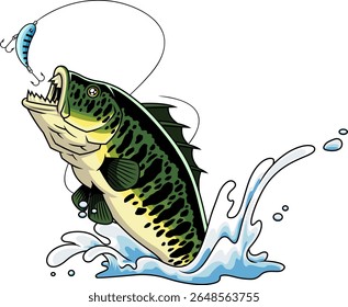 Mutante Bass Fish Cartoon Personagem com dentes afiados saltando para fora da água - Mão vetor desenhado Ilustração isolada no fundo transparente