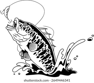 Mutante Bass Fish Cartoon Personagem com dentes afiados saltando na isca - preto e branco vetor mão desenhado ilustração isolada no fundo transparente