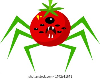 mutant cartoon character tomato crossed with a spider scary and fictional insect with sharp fangs and open mouth Halloween concept object on a white background