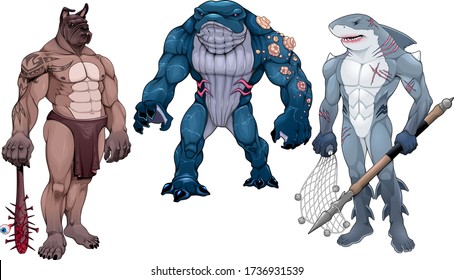 Mutant creatures half animal and human. Vector isolated fantasy characters for role playing game.

