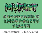 Mutant font. Cartoon green vector graffiti letters with brains, eyes and bones