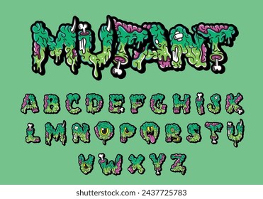 Mutant font. Cartoon green vector graffiti letters with brains, eyes and bones