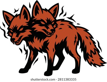 Mutant fox creature with two heads and angry wild expression.