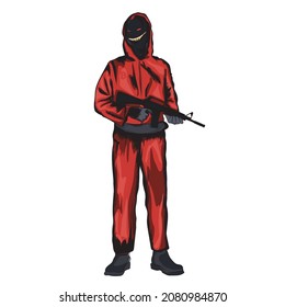 Mutante Mann in rotem, Charakter mit Gewehr gekleidet. Vektoranime.