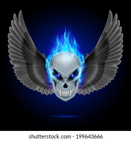 Mutant skull with long fangs, blue flame and black wings