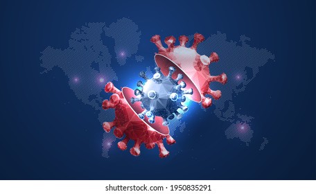 Mutating virus concept in a futuristic style on a dark background with DNA structure. Flu strain evolution, vector illustration in futuristic polygonal style