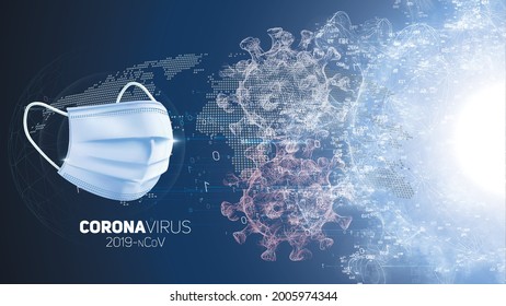 Mutating Virus Concept And New Coronavirus Variant Outbreak Or Covid-19 Viral Cell Mutation And Influenza Background As Dangerous Flu Strain With Diseas. Mask Vs Virus