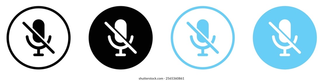 Mute button vector icon set in black and blue circle. Microphone icon set with different style. On and off mute buttons. Flat design. Vector illustration.