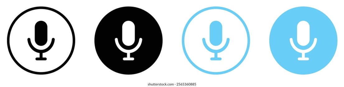 Mute button vector icon set in black and blue circle. Microphone icon set with different style. Mute buttons vector icon set. Flat design. Vector illustration.