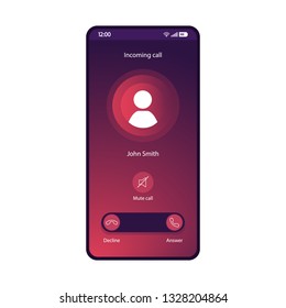 Mute call smartphone interface vector template. Mobile app page purple gradient design layout. Incoming call, voicemail screen. Flat UI for application. Decline, answer buttons. Phone display