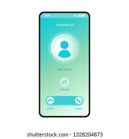 Mute call smartphone interface vector template. Mobile app page blue gradient design layout. Incoming call, voicemail screen. Flat UI for application. Decline, answer buttons. Phone display