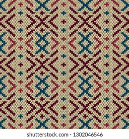 Mute colorful knitted seamless pattern in red, blue and pink tones on the beige background, vector pattern as a fabric texture