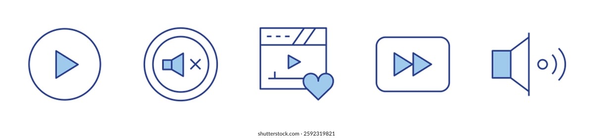 mute, favourite, play, audio, forward. Multimedia Icon vector illustration. Line Duotone style. Editable stroke.