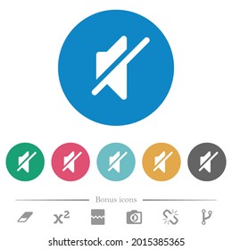 Mute flat white icons on round color backgrounds. 6 bonus icons included.