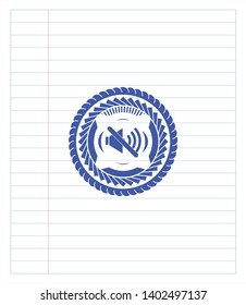 mute icon emblem drawn with pen. Blue ink. Vector Illustration. Detailed.