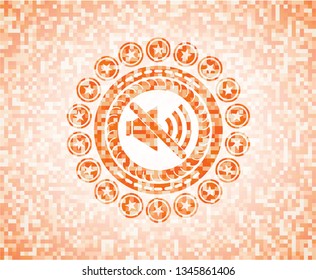 mute icon inside abstract emblem, orange mosaic background