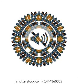 mute icon inside arabesque badge background. arabic decoration.