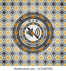 mute icon inside arabic badge background. Arabesque decoration.