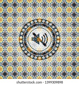 mute icon inside arabic badge background. Arabesque decoration.