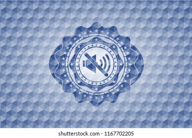 mute icon inside blue emblem with geometric pattern.