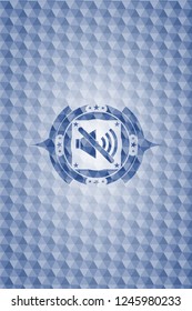 mute icon inside blue emblem or badge with abstract geometric polygonal pattern background.